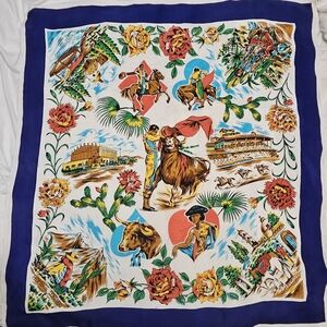 Vintage 1950s Mexico Tourist Souvenir Scarf Xochimilco Chalco China Poblana Bull